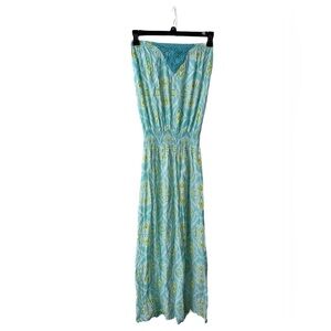 Tiare Hawaii Strapless Blue-Green Print Maxi Dress
